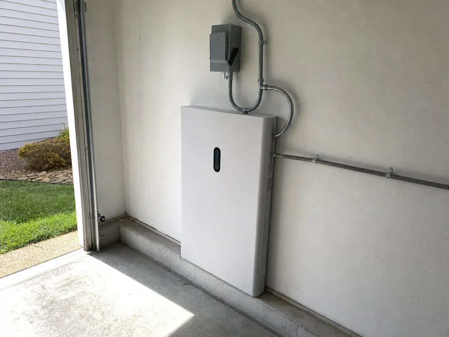A floor standing home battery enclosure and its safety disconnect on the wall of an attached garage