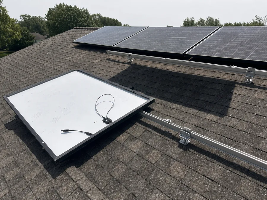 A solar module lifted off its mounting rails and resting on the shingles beside the gap it came out of