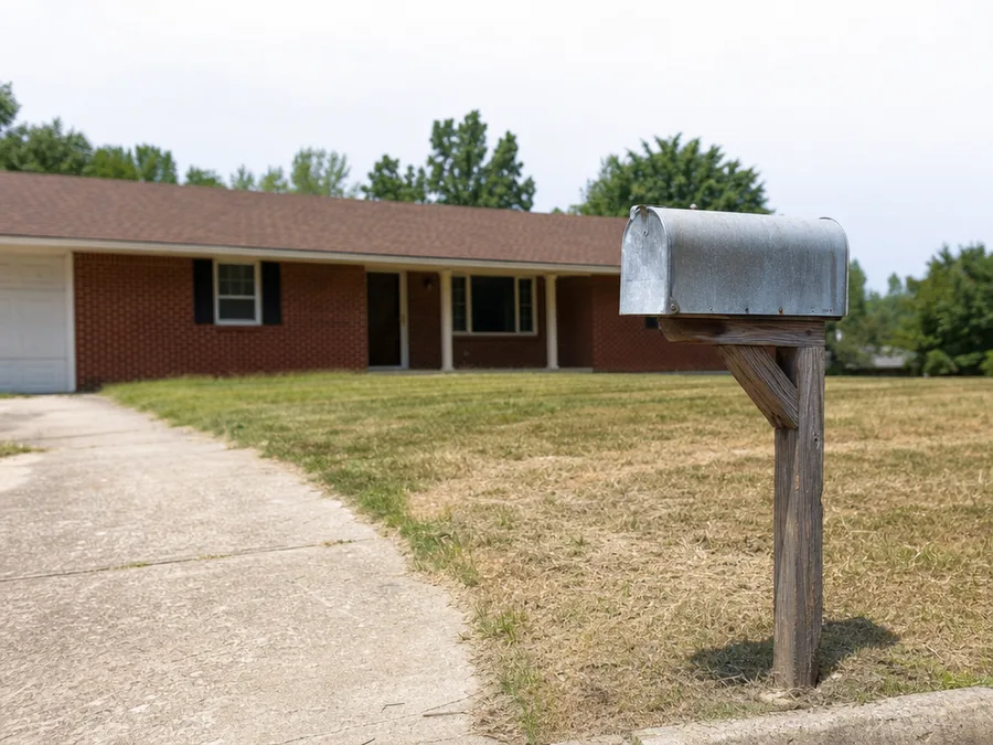 A plain unlettered mailbox on a weathered wooden post at the kerb, its short shadow on dry grass beside a concrete driveway, a single storey brick ranch house behind