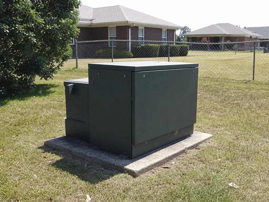 A pad mounted utility distribution transformer on its concrete pad in a Memphis residential easement